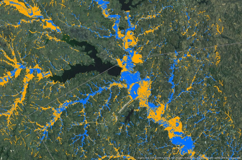 Blue areas show existing bottomland hardwood forest, while yellow areas show potential restoration areas.